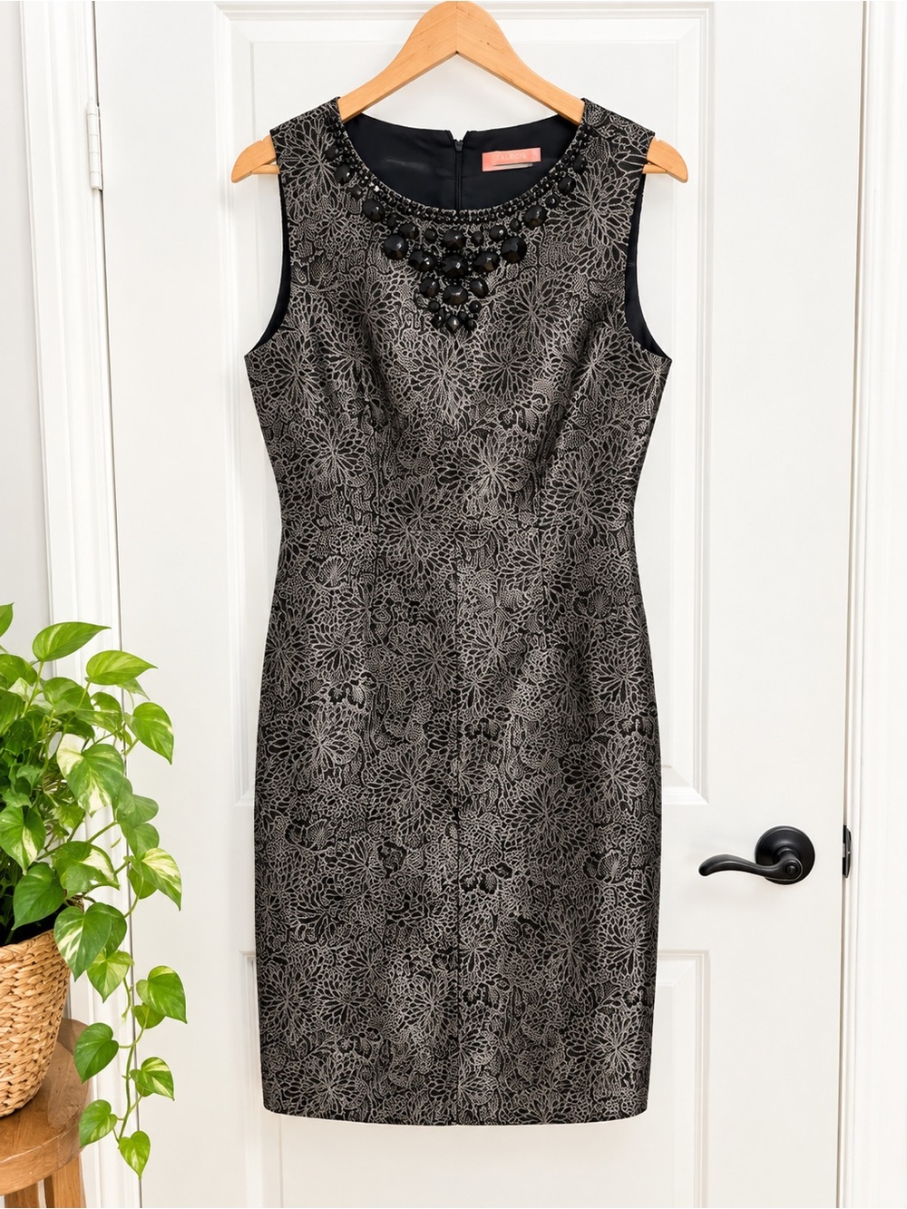 Eliza J Black Metallic Floral Sheath Dress with Beaded Neckline